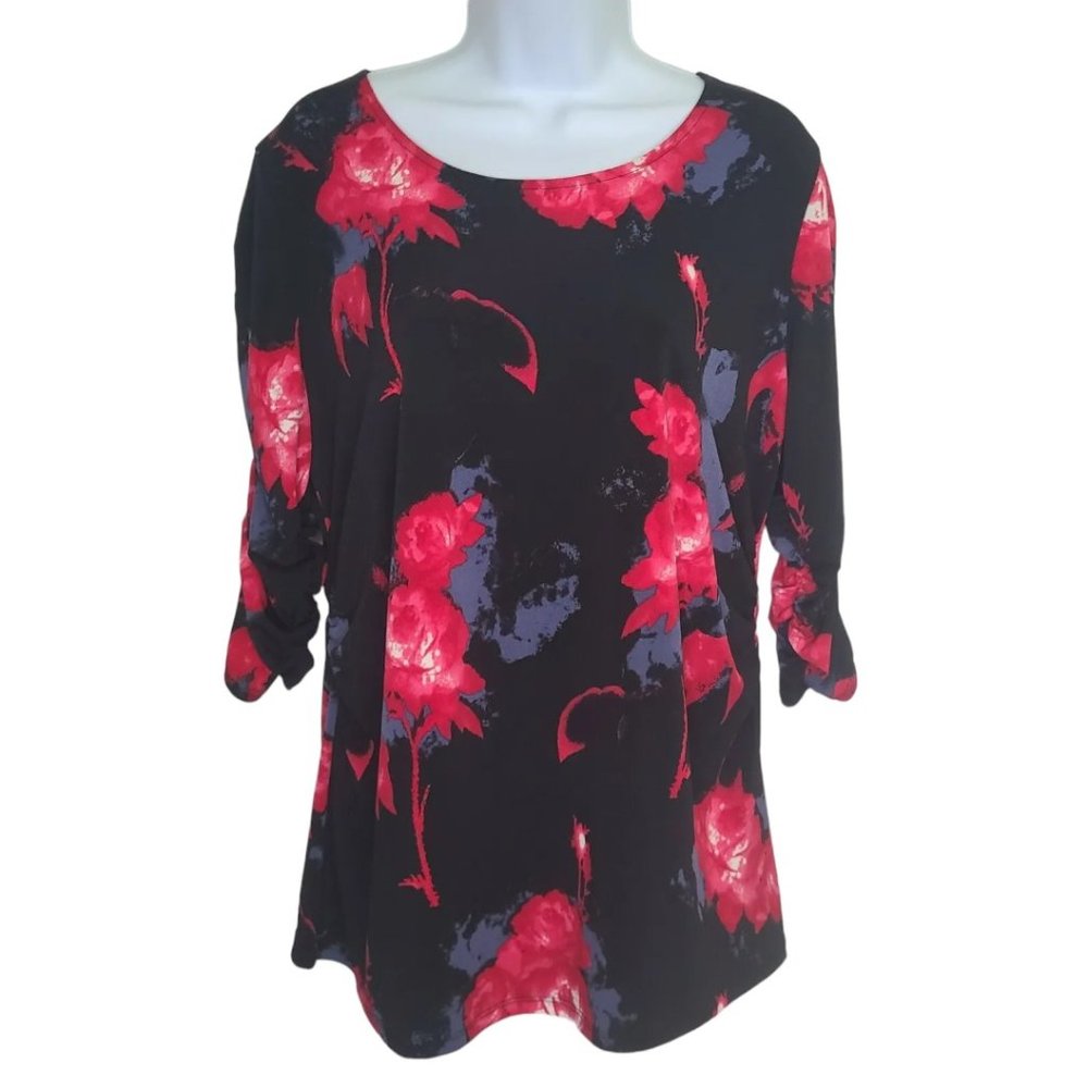 PREMISE STUDIO Women's Draped Black Blouse with Red Florals Size XL (Like M/L)